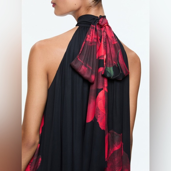 Alice + Olivia Corine Halter Tie Neck Trapeze Dress- Peony Petals Bright Ruby - Picture 2 of 3